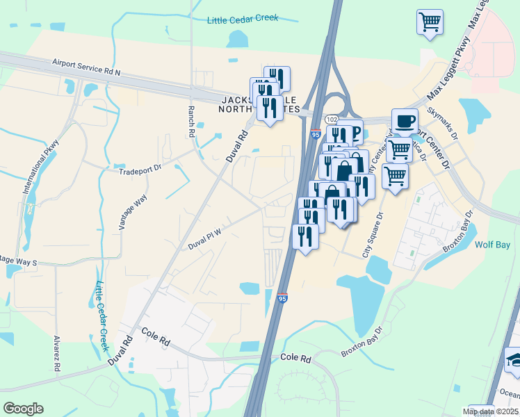 map of restaurants, bars, coffee shops, grocery stores, and more near 14698 Duval Place West in Jacksonville