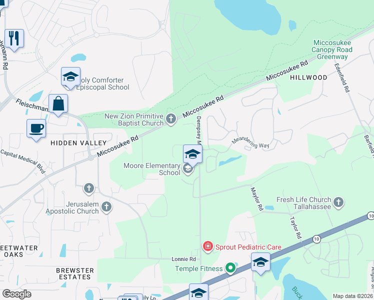 map of restaurants, bars, coffee shops, grocery stores, and more near 3978 Meandering Lane in Tallahassee