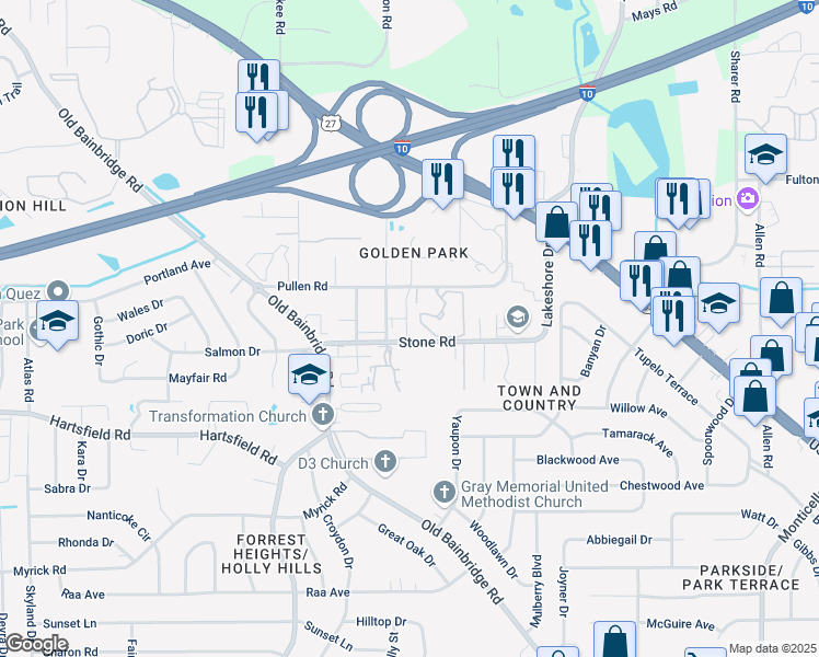 map of restaurants, bars, coffee shops, grocery stores, and more near 209 Golden Park Lane in Tallahassee