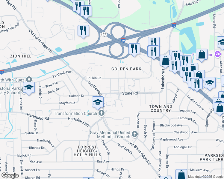 map of restaurants, bars, coffee shops, grocery stores, and more near 2412b Clemons Road in Tallahassee