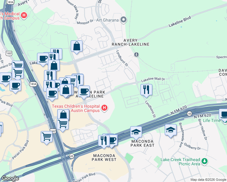 map of restaurants, bars, coffee shops, grocery stores, and more near 10500 Lakeline Mall Drive in Austin