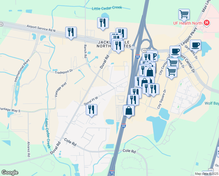 map of restaurants, bars, coffee shops, grocery stores, and more near 14471 Duval Place West in Jacksonville