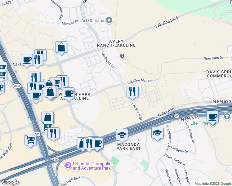 map of restaurants, bars, coffee shops, grocery stores, and more near 10507 Turnbull Loop in Austin