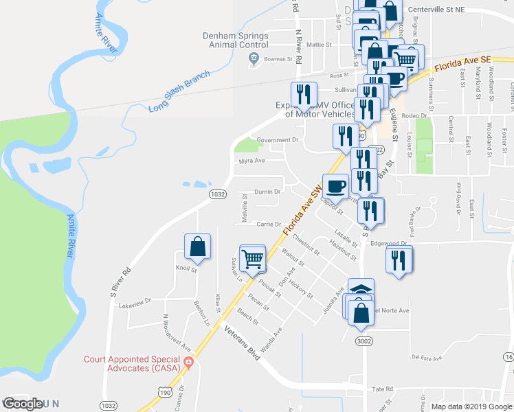 map of restaurants, bars, coffee shops, grocery stores, and more near 999 Kathryn Drive in Denham Springs