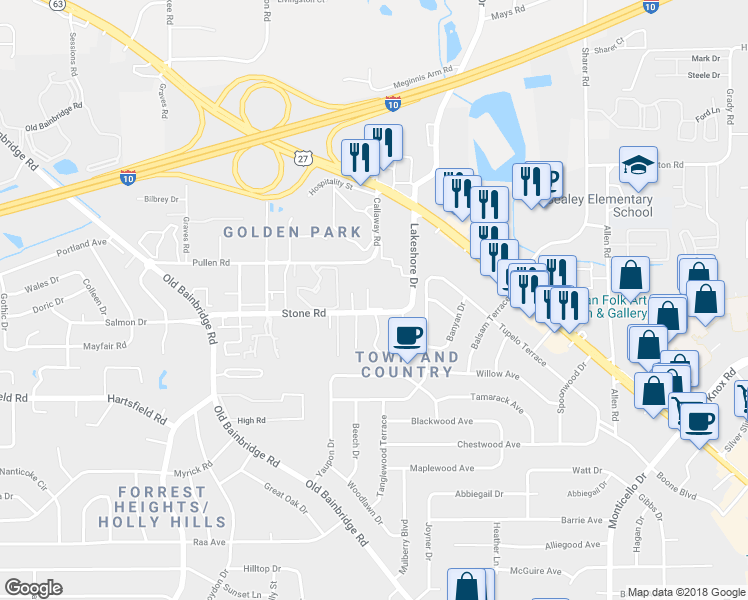 map of restaurants, bars, coffee shops, grocery stores, and more near 1231 Stone Greene Street in Tallahassee
