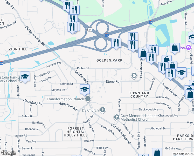 map of restaurants, bars, coffee shops, grocery stores, and more near 2412b Clemons Road in Tallahassee