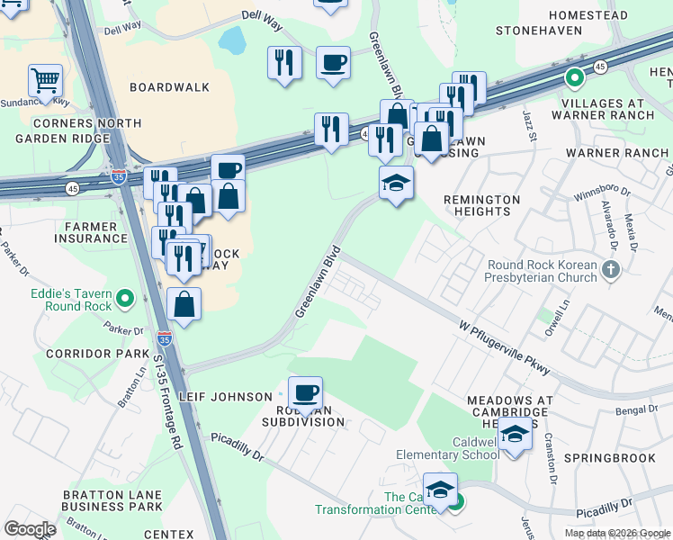 map of restaurants, bars, coffee shops, grocery stores, and more near 3431 Greenlawn Boulevard in Round Rock