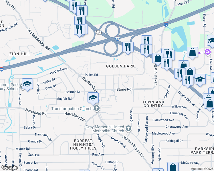 map of restaurants, bars, coffee shops, grocery stores, and more near 2400 Fred Smith Road in Tallahassee