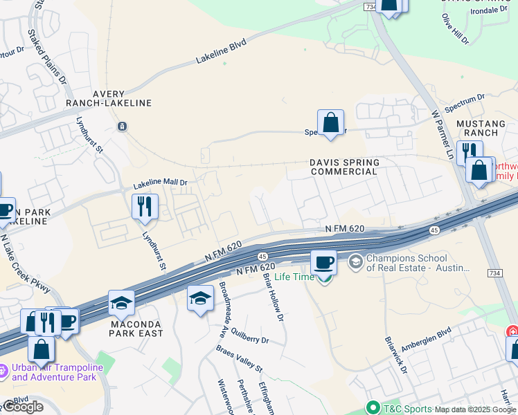 map of restaurants, bars, coffee shops, grocery stores, and more near 13620 Ranch to Market 620 in Austin
