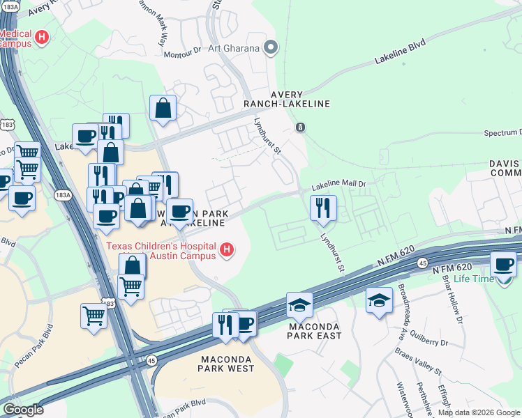 map of restaurants, bars, coffee shops, grocery stores, and more near 10500 Lakeline Mall Drive in Austin