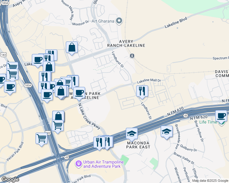 map of restaurants, bars, coffee shops, grocery stores, and more near 10500 Lakeline Mall Drive in Austin