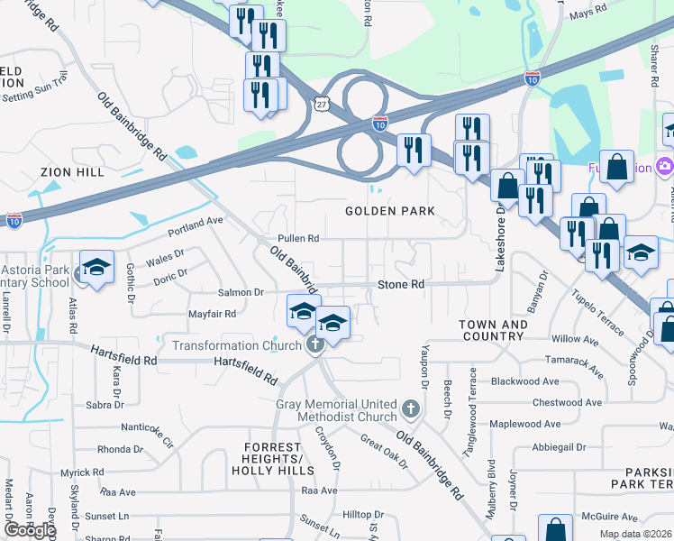 map of restaurants, bars, coffee shops, grocery stores, and more near 2402 Clemons Road in Tallahassee