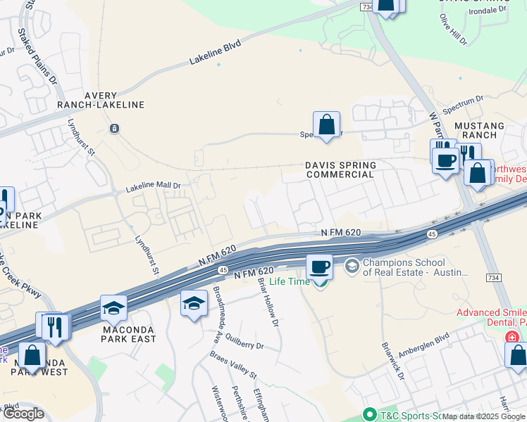 map of restaurants, bars, coffee shops, grocery stores, and more near 13620 Ranch Road 620 in Austin