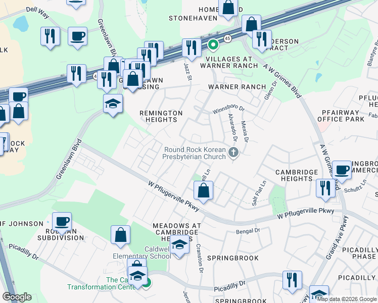map of restaurants, bars, coffee shops, grocery stores, and more near 2014 Huxley Lane in Round Rock