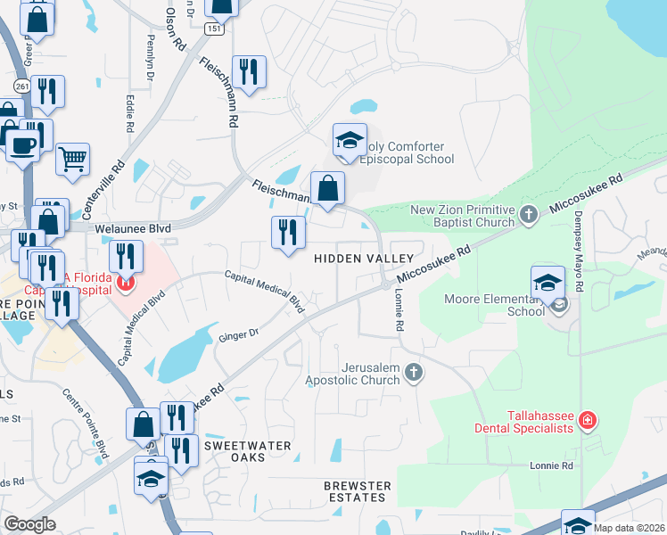 map of restaurants, bars, coffee shops, grocery stores, and more near 1924 Hidden Valley in Tallahassee