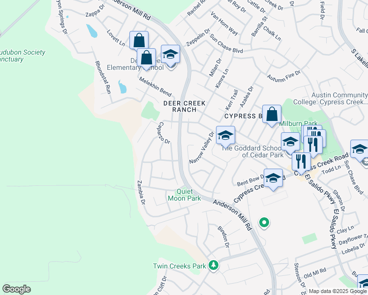 map of restaurants, bars, coffee shops, grocery stores, and more near 1604 Purple Sage Drive in Cedar Park