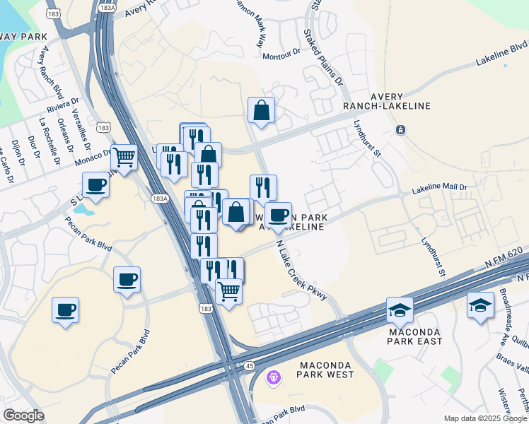 map of restaurants, bars, coffee shops, grocery stores, and more near 10900 Lakeline Mall Drive in Austin