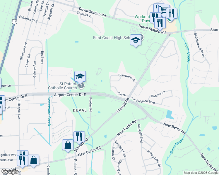 map of restaurants, bars, coffee shops, grocery stores, and more near 13236 West Bonaparte Drive in Jacksonville