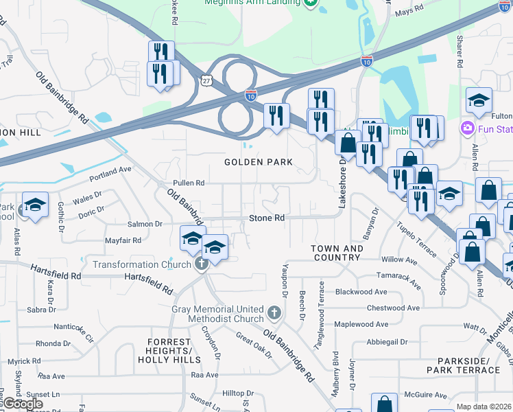 map of restaurants, bars, coffee shops, grocery stores, and more near 1417 Pullen Road in Tallahassee