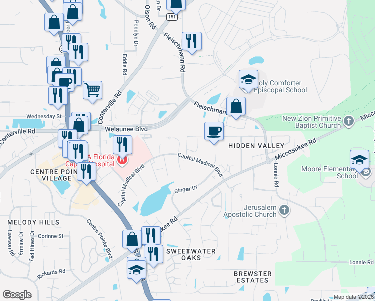 map of restaurants, bars, coffee shops, grocery stores, and more near 1959 Rain Valley Circle in Tallahassee