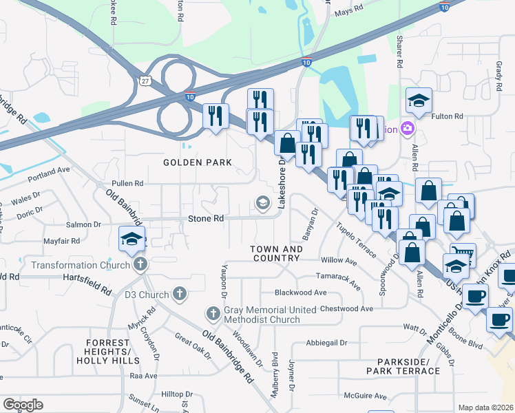 map of restaurants, bars, coffee shops, grocery stores, and more near 1231 Stone Greene Street in Tallahassee