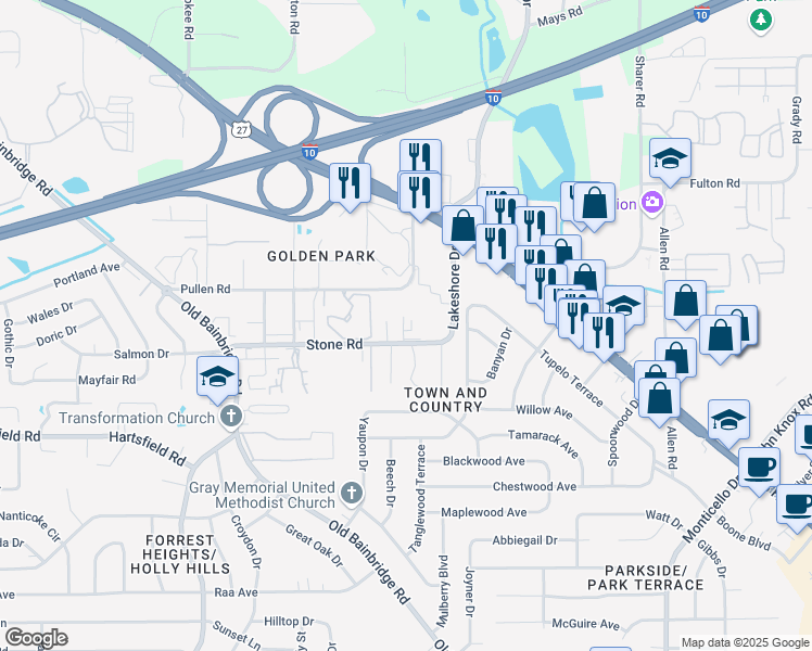 map of restaurants, bars, coffee shops, grocery stores, and more near 1231 Stone Greene Street in Tallahassee