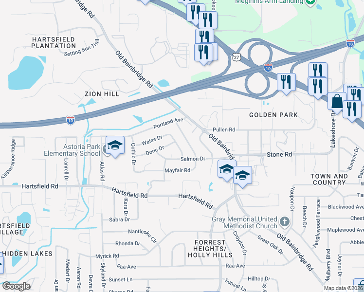 map of restaurants, bars, coffee shops, grocery stores, and more near 2516 Colleen Drive in Tallahassee