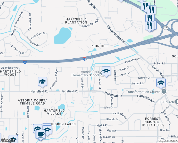 map of restaurants, bars, coffee shops, grocery stores, and more near 2486 Talco Hills Drive in Tallahassee