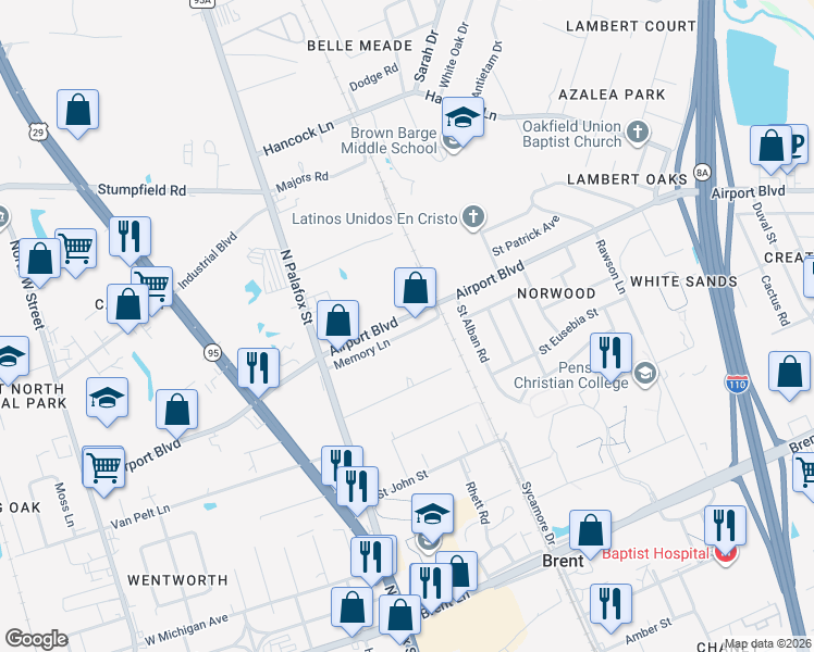 map of restaurants, bars, coffee shops, grocery stores, and more near 127 Memory Lane in Pensacola