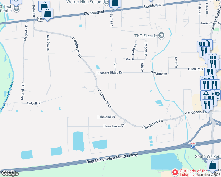 map of restaurants, bars, coffee shops, grocery stores, and more near 12517 Brittany Court in Walker