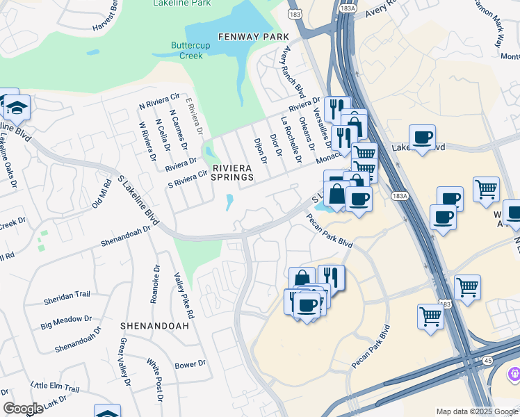 map of restaurants, bars, coffee shops, grocery stores, and more near 13700 Sage Grouse Drive in Austin