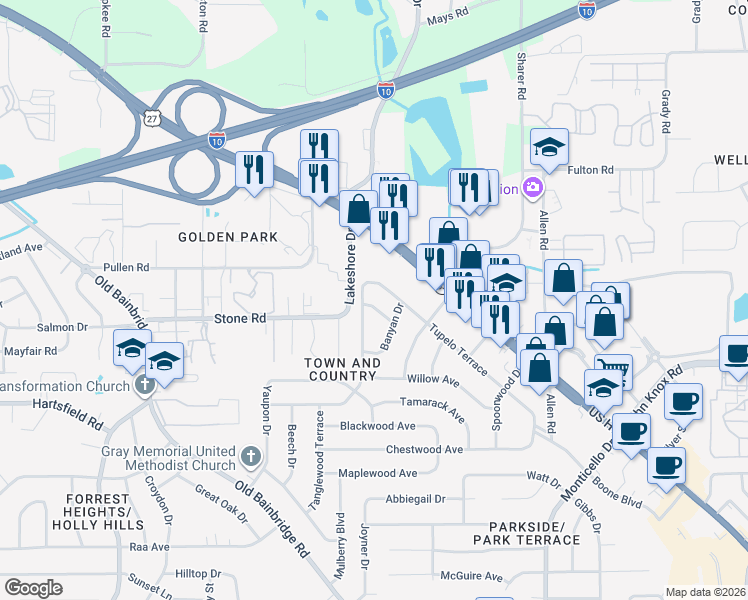 map of restaurants, bars, coffee shops, grocery stores, and more near 2619 Summerwood Avenue in Tallahassee