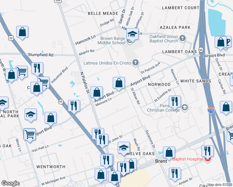 map of restaurants, bars, coffee shops, grocery stores, and more near 127 Memory Lane in Pensacola