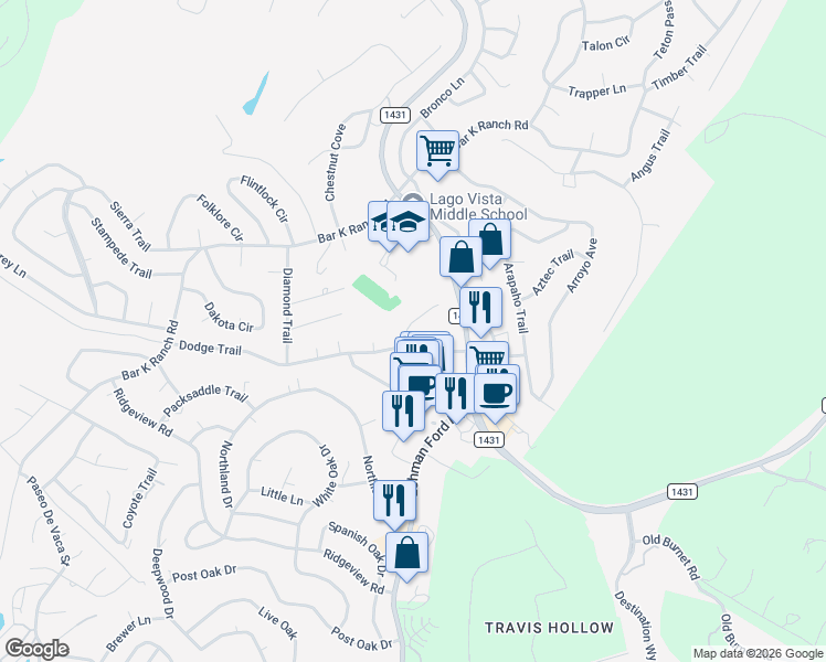 map of restaurants, bars, coffee shops, grocery stores, and more near 7903 Powder Cove in Leander