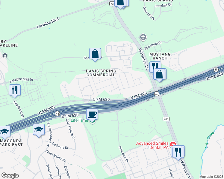 map of restaurants, bars, coffee shops, grocery stores, and more near 9802 Acero Drive in Austin