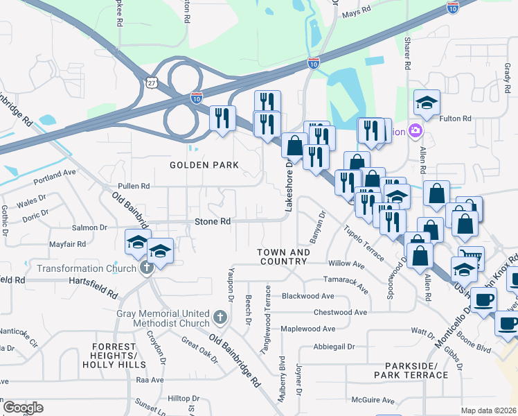 map of restaurants, bars, coffee shops, grocery stores, and more near 1231 Stone Greene Street in Tallahassee