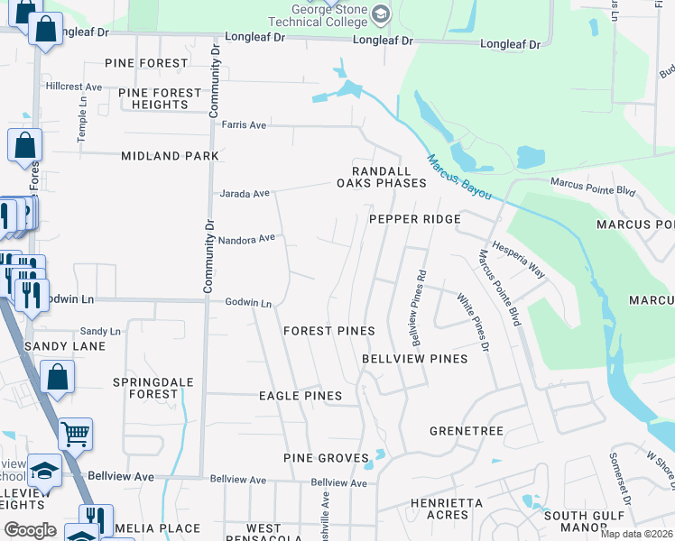 map of restaurants, bars, coffee shops, grocery stores, and more near 6209 Forest Pines Drive in Pensacola