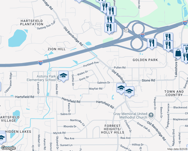 map of restaurants, bars, coffee shops, grocery stores, and more near 2516 Colleen Drive in Tallahassee