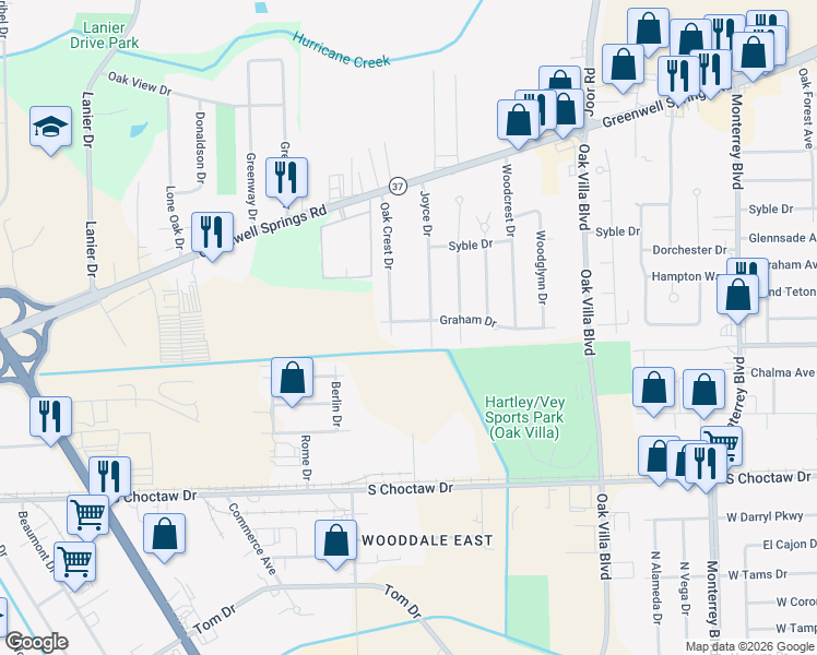 map of restaurants, bars, coffee shops, grocery stores, and more near 8644 Graham Drive in Baton Rouge