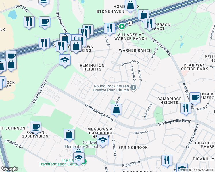 map of restaurants, bars, coffee shops, grocery stores, and more near 2014 Huxley Lane in Round Rock