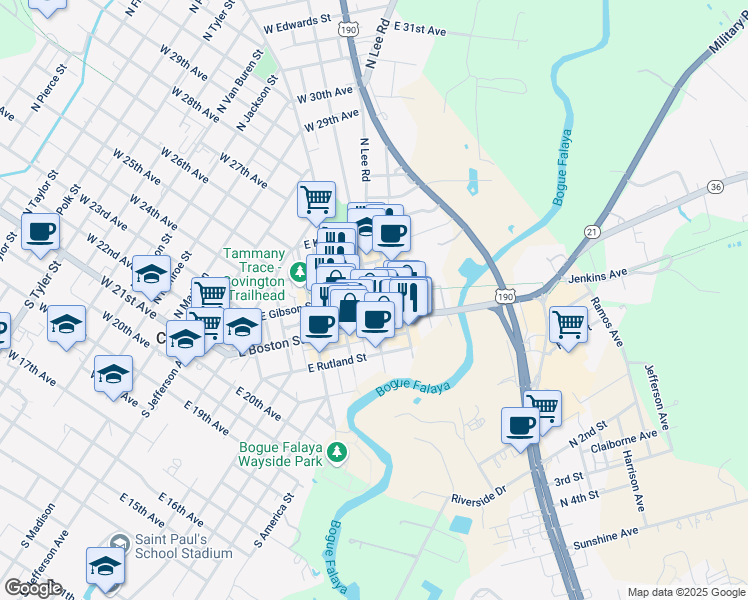 map of restaurants, bars, coffee shops, grocery stores, and more near 609 East Gibson Street in Covington