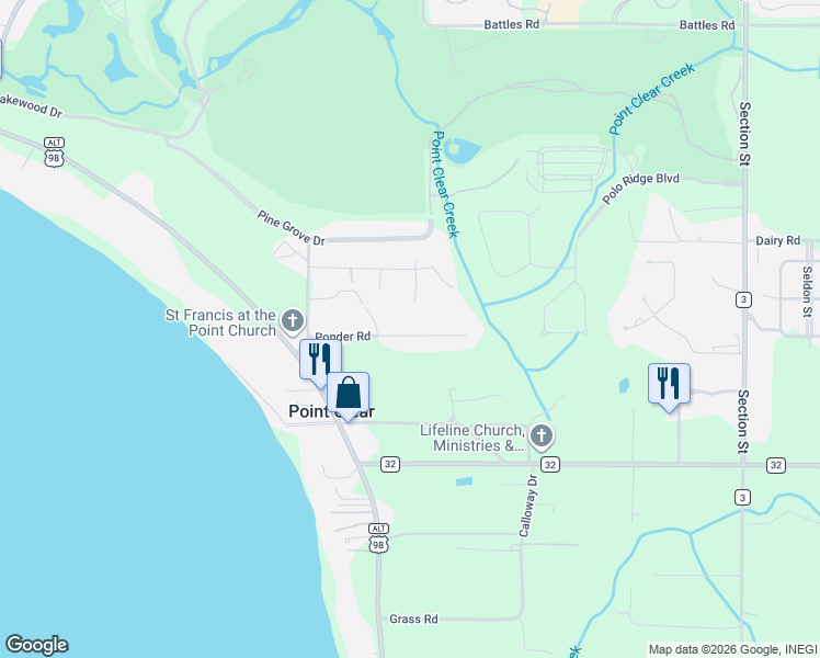map of restaurants, bars, coffee shops, grocery stores, and more near 6211 Ponder Road in Fairhope