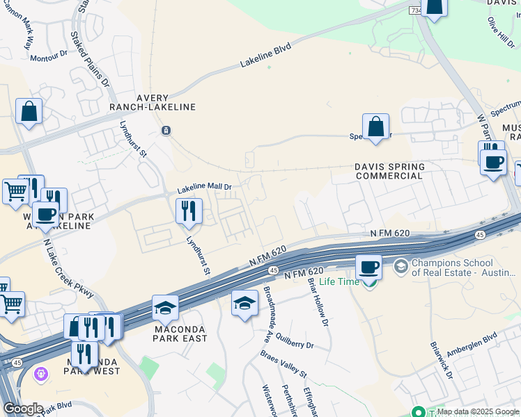 map of restaurants, bars, coffee shops, grocery stores, and more near 13641 Rutledge Spur in Austin