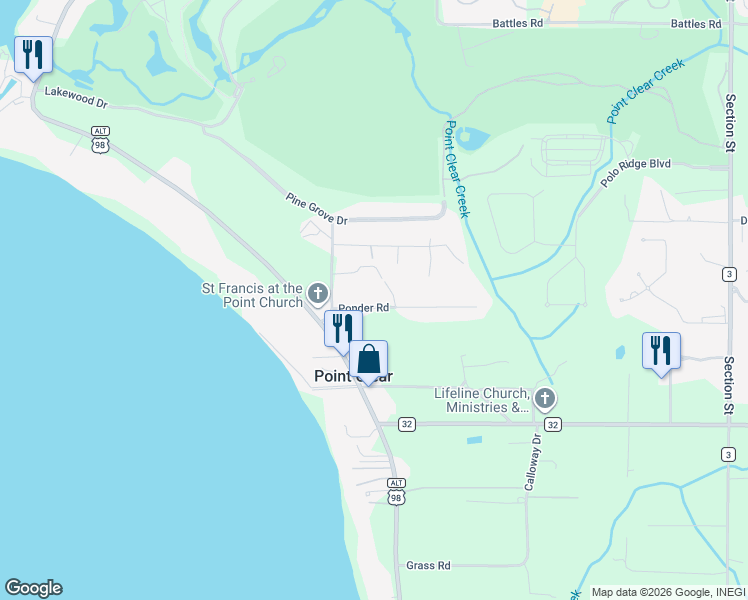map of restaurants, bars, coffee shops, grocery stores, and more near 6113 Ponder Road in Fairhope