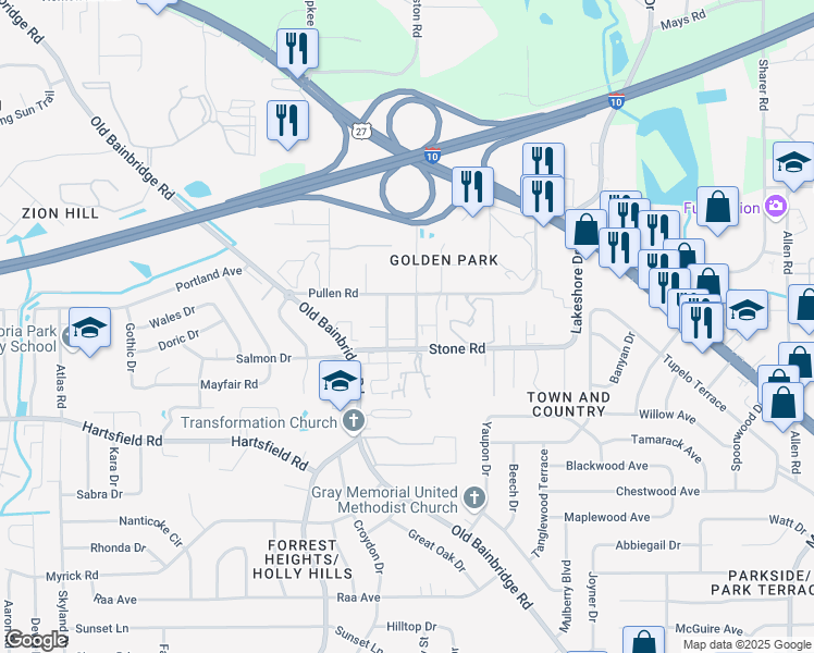 map of restaurants, bars, coffee shops, grocery stores, and more near 2412 Fred Smith Road in Tallahassee