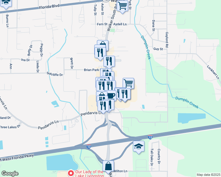 map of restaurants, bars, coffee shops, grocery stores, and more near 28420 Walker South Road in Denham Springs
