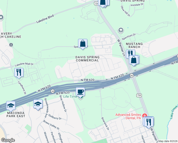 map of restaurants, bars, coffee shops, grocery stores, and more near 9904 Quercia Drive in Austin