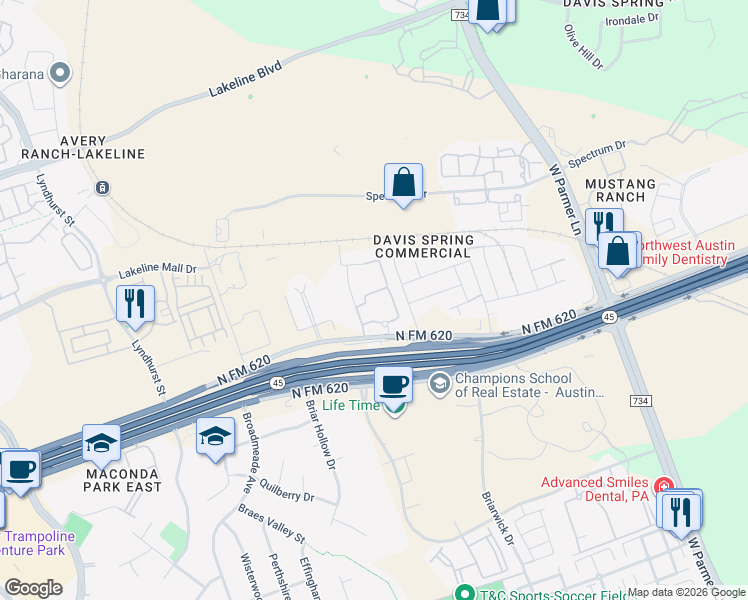 map of restaurants, bars, coffee shops, grocery stores, and more near 13730 North FM 620 in Austin
