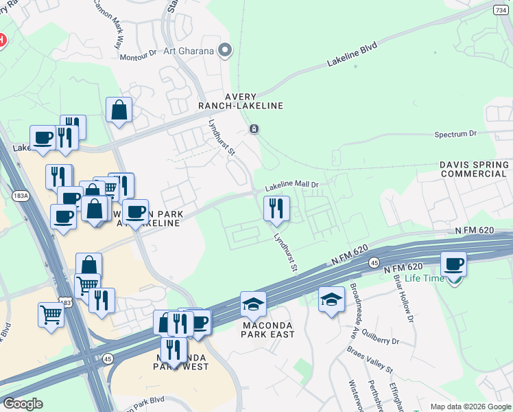 map of restaurants, bars, coffee shops, grocery stores, and more near Lyndhurst Street in Austin