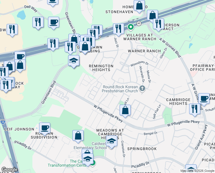 map of restaurants, bars, coffee shops, grocery stores, and more near 2107 Huxley Lane in Round Rock